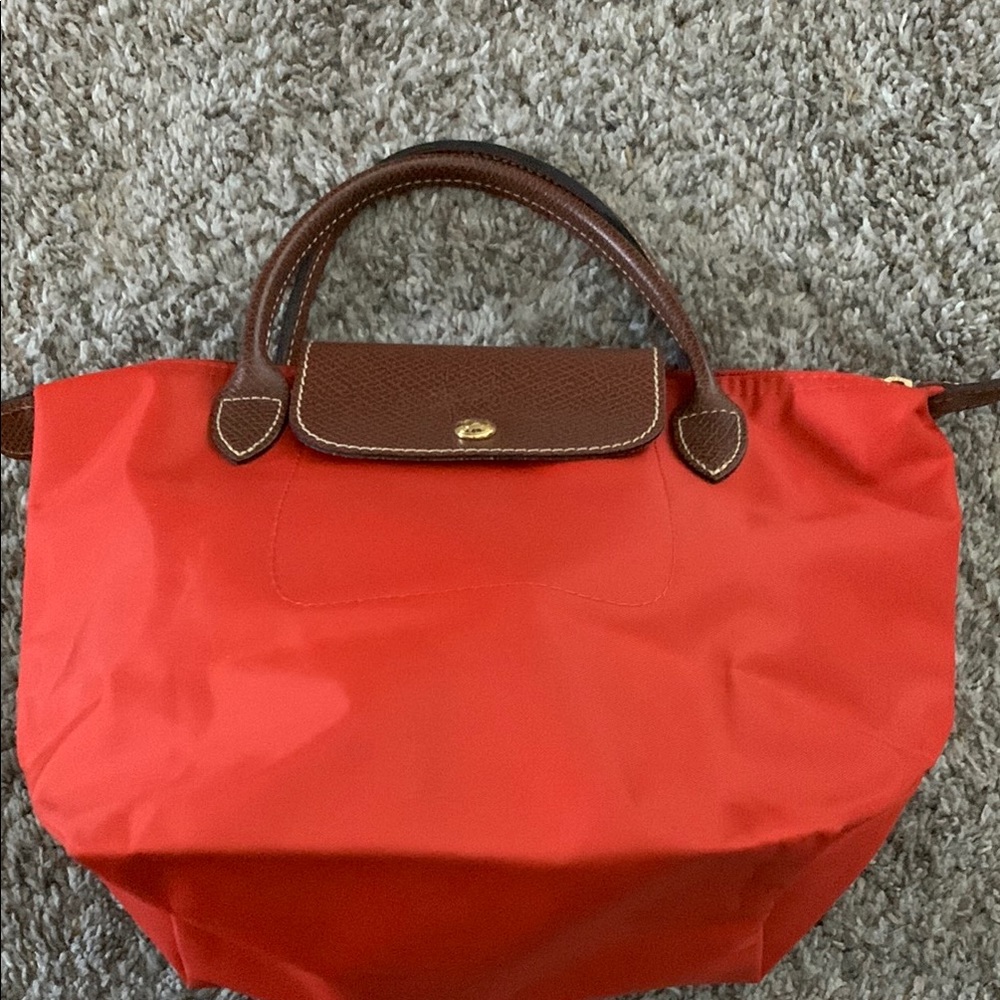 Longchamp Red Tote with Brown Handles and Smooth Fabric small